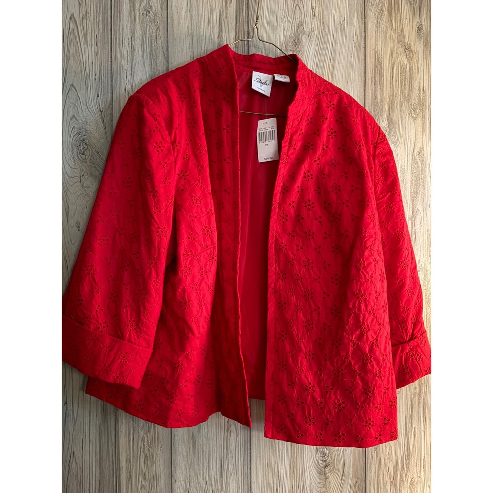 Studio Woman Red Eyelet Jacket 2X NWT Cotton Open Front Mandarin Collar Blazer
